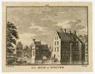 202088 Gezicht op de achtergevel van het omgrachte kasteel Wulven te Houten, met op de achtergrond de gedeeltelijk ...